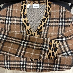 Burberry Brown & Black Plaid Sweater with Leopard Trim